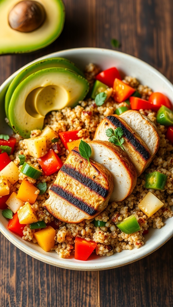 A colorful grilled chicken quinoa bowl with vegetables and avocado on a rustic table.